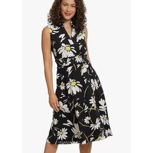 London Times Dress Cinched Waist Ruffle Collar Daisy Midi Black White LARGE NWT‎